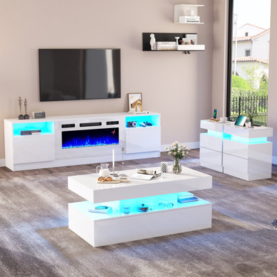 Bhhatu 4-piece Modern High Gloss Living Room Table Set,80" Fireplace Tv Stand, Coffee Table,2 End Table,White