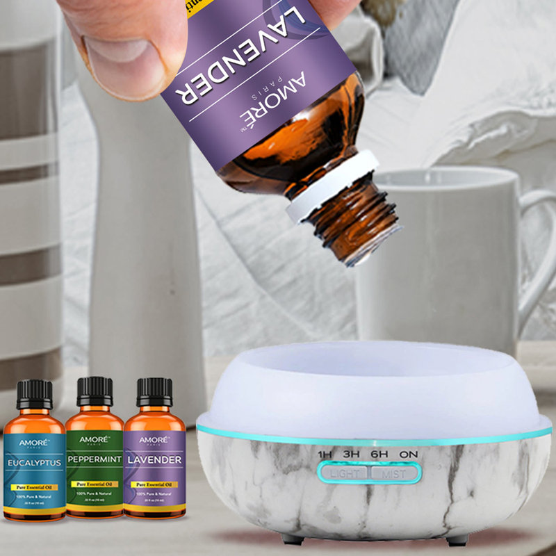 Ensemble de diffuseur ultrasonique d'huile d'aromathérapie en marbre avec huiles essentielles