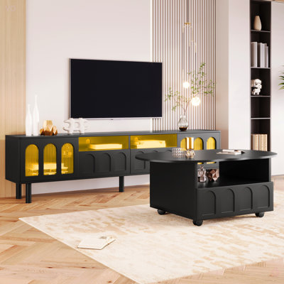 Ensemble de 2 meubles de style télé avec 2 lumières à DEL, bande lumineuse à DEL pour téléviseur de 80 po ou moins et 2 roulettes pour le salon