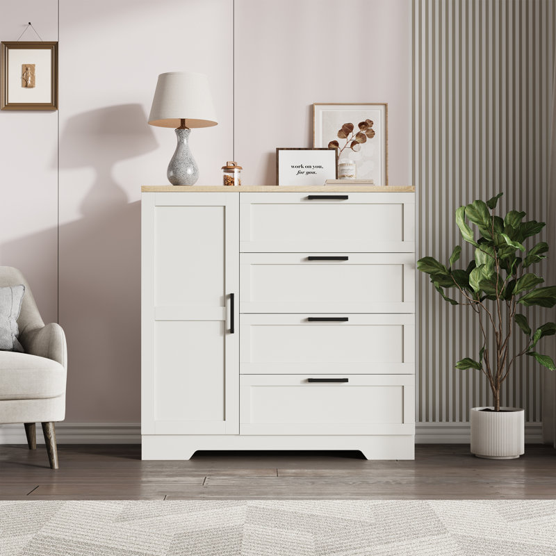 43.3'' Small Wardrobe Closet, Wardrobe Cabinet with Door, 4 Drawers and Handing Rod, Brown