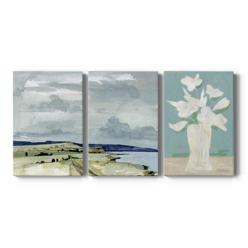 «Coastal Blues Watercolor II», toile tendue sur mesure - 3 pièces, H 48 po x l 96 po