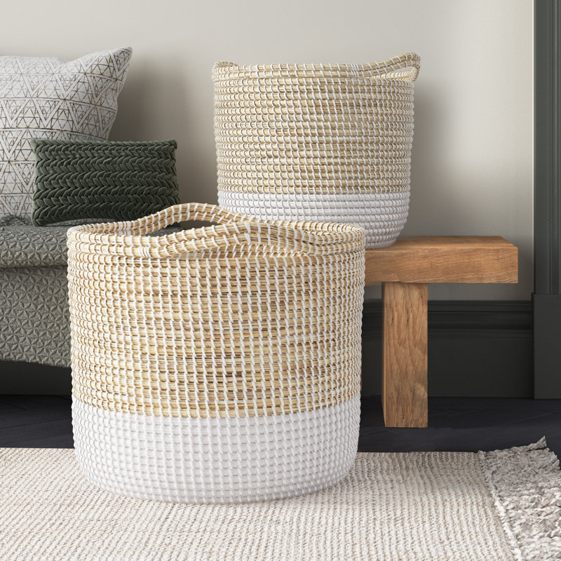Seagrass Handmade Two Toned Decorative and Functional Storage Basket with Handles