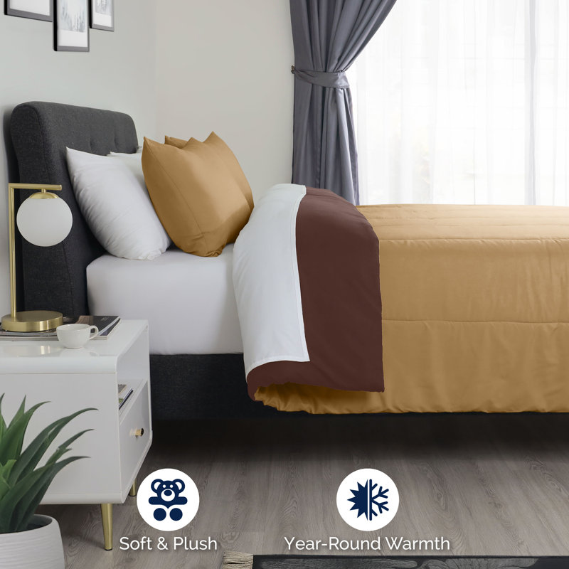 Martex Solid Color Reversible Comforter and Sham Bedding Set Super Soft Brushed Fabric, Khaki / Chocolate