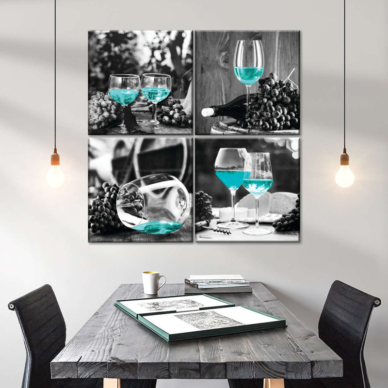 " Teal Wine Glasses Pop Set Multi Piece Canvas Print " 4 - Pieces, 18" H x 18" W x 1.25" D
