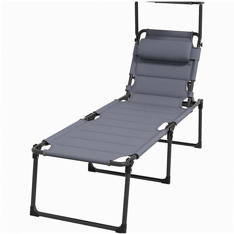Outsunny Outdoor Lounge Chair, Adjustable Backrest Folding Chaise Lounge, Cushioned Tanning Chair w/Sunshade Roof & Pillow Headrest for Beach, Camping, Hiking, Gray