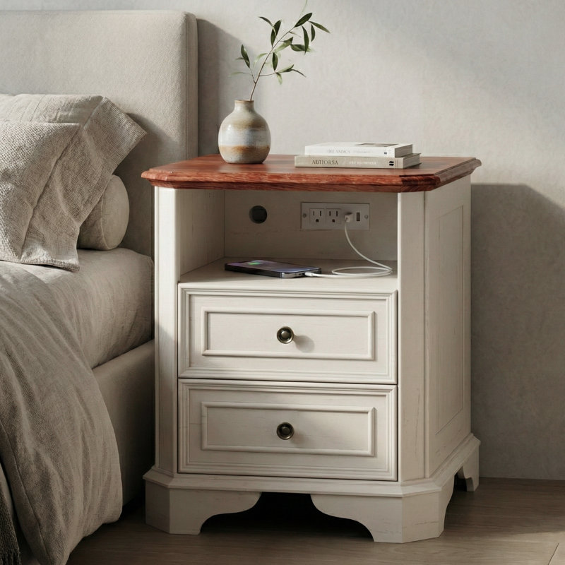 24"  Traditional Nightstand with Charging Station, Distressed White, Individual