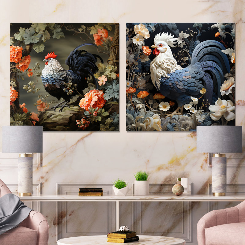 Coq dans le jardin de fleurs I - coq, ensemble de 2 reproductions d'art sur toile, Toile tendue, H 16 po x l 33 po x P 1 po