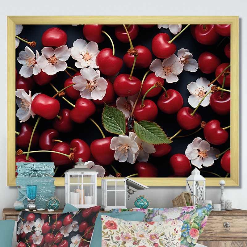 Red Cherry Sundae Delight - Art mural cerise, Cadre doré à coins fermés, H 34 po x l 44 po x P 1,5 po