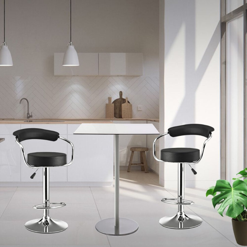 Contemporary Vinyl Adjustable Height Barstool with Arms and Chrome Base, Black, 1, 19" W x 20" D x 41" H
