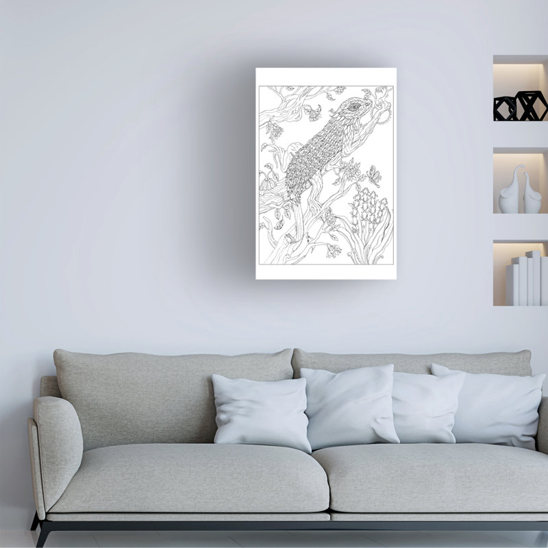 Tree Lizard Line Drawing Canvas Art in White and Gray