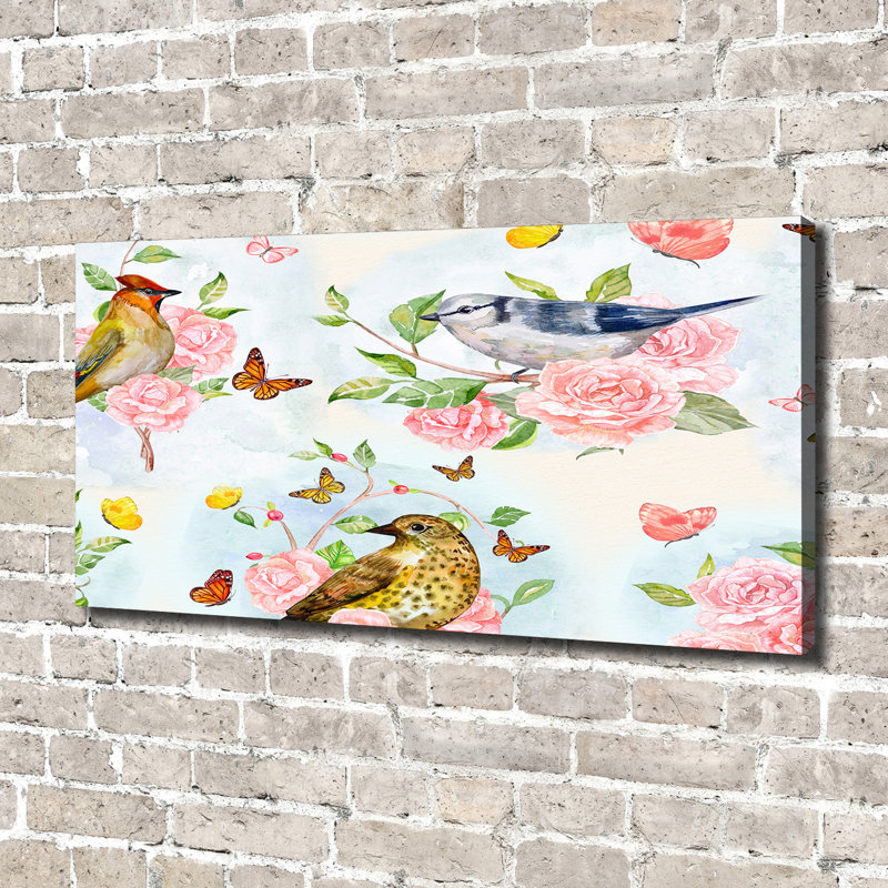 Birds And Roses - No Frame Print on Glass, 70cm H x 140cm W x 2cm D, Canvas