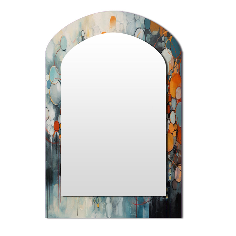 Illusions géométriques orange et bleues - décor de miroir mural unique à arche géométrique, grand miroir asymétrique orange, impression d'art en métal