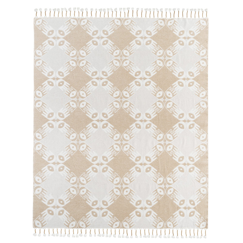 Tan and White Woven Polyester-Acrylic Throw Blanket with Tassels