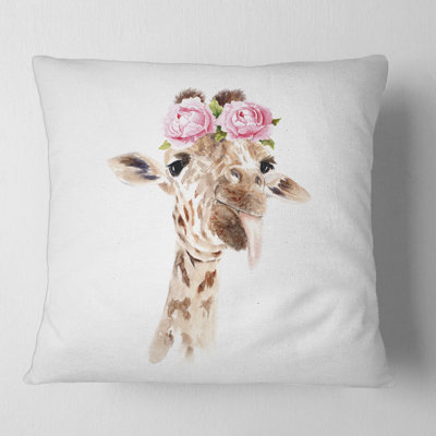 Portrait d'une girafe avec des fleurs I Housse de coussin carré et insert