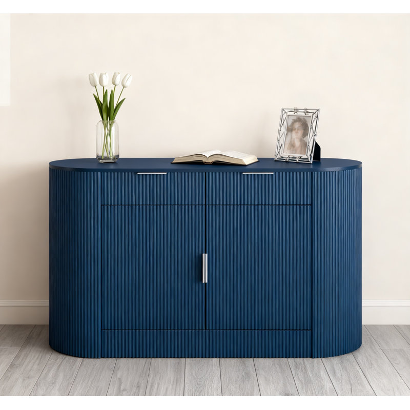 55.1" Modern Storage Cabinet – 2 Doors & 2 Drawers, Stripe Mdf Sideboard With Aluminum Handles, Curved Side Door & 3-tier Shelves, Buffet Cabinet For Living Room, Bedroom, Dining Room,navy Blue