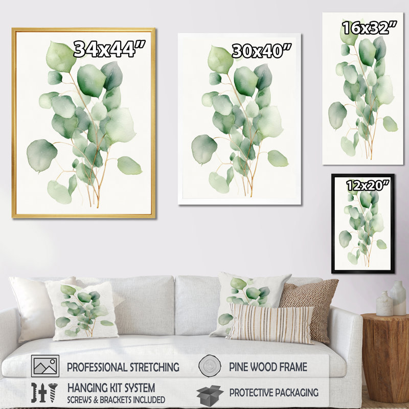 «White Green Minimalisme Eucalyptus Essence V» sur toile, Cadre photo noir, H 32 po x l 24 po x P 1 po