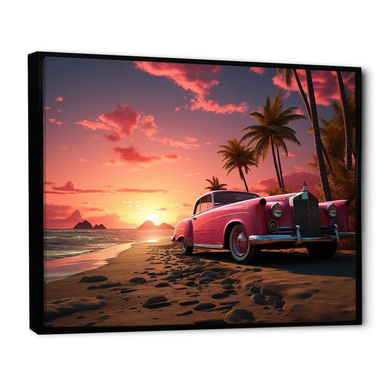Rose Cadillac sur la plage au coucher du soleil I - voiture, art mural américain ancien, Cadre flottant noir