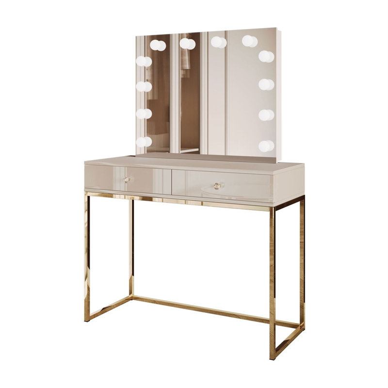 Dressing Table with Mirror, Cashmire/ Cashmire Gloss/ Cristal/ Gold Chrome