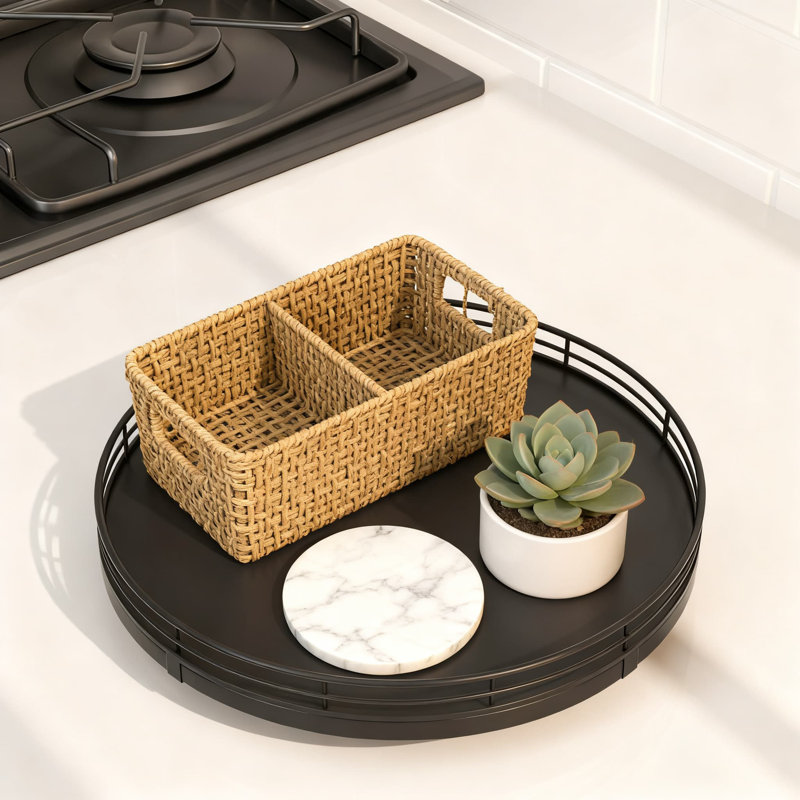 Rotating Wood Tray With Metal Frame, Multi-Purpose Organizer For Bathroom Vanity, Dresser, Kitchen Countertop, And Coffee Table Decor