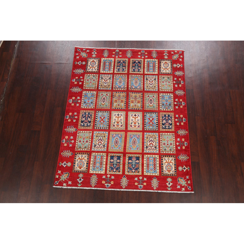 Tapis unique en laine noué à la main nouvel âge de 5 pi 3 po x 6 pi 6 po rouge / bleu / beige