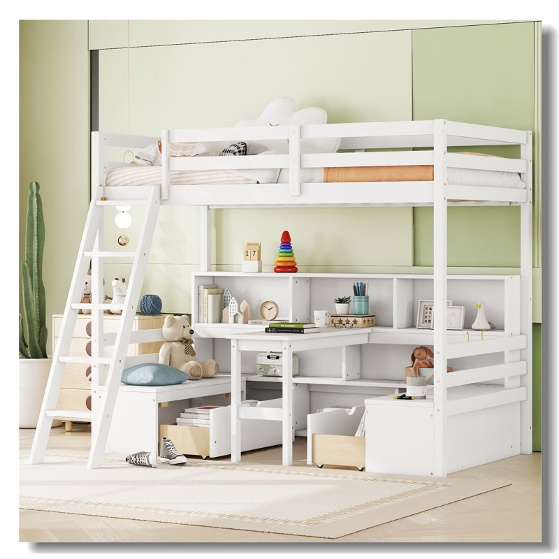 Lit mezzanine simple avec tablettes de rangement, tiroirs, siège et bureau, Blanc