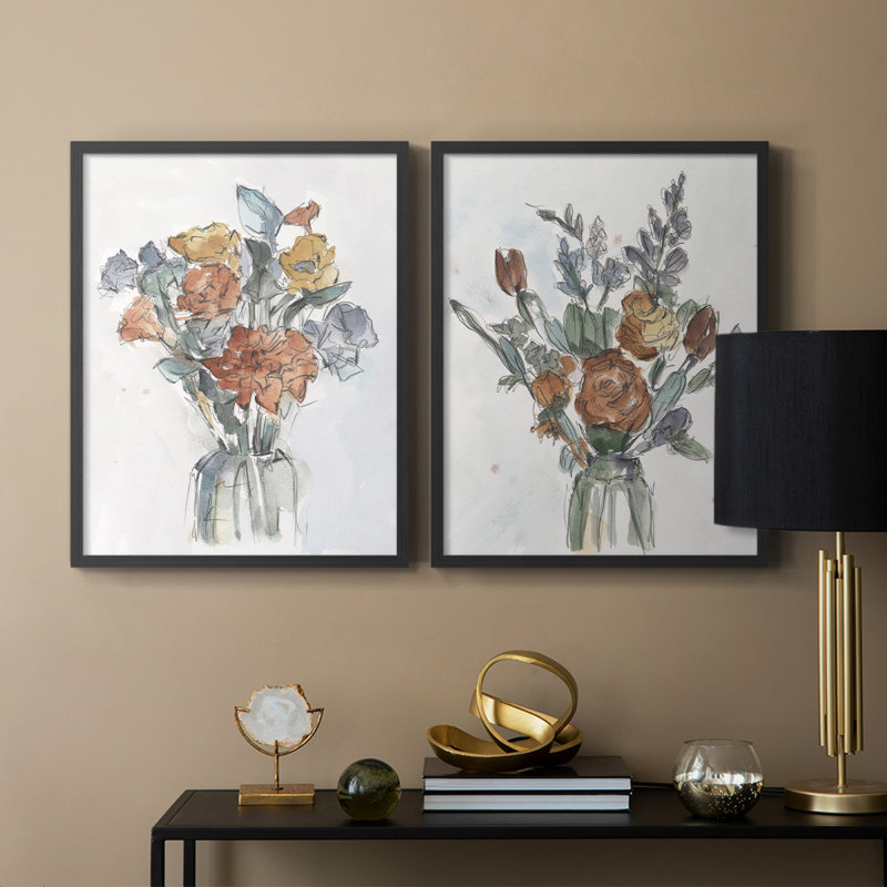 Arrangement floral aquarelle I - impression encadrée de qualité supérieure - prête à être accrochée - aucun clou requis - aucun clou requis