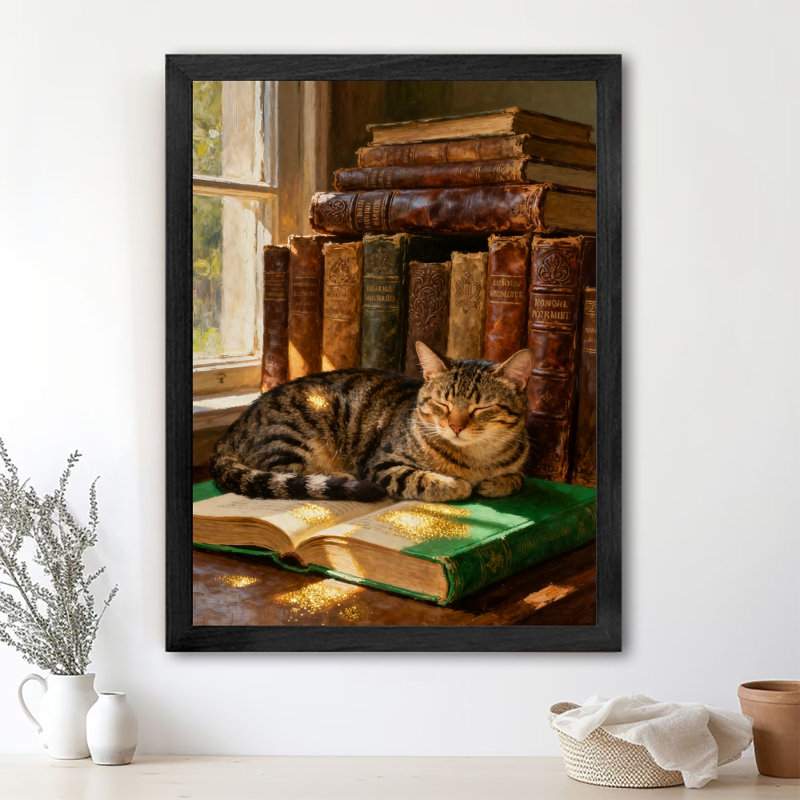 «Black Chats Vintage» dormant chaleureusement dans des livres, impressions d'art encadrées de style rétro, H 37 po x l 25 po