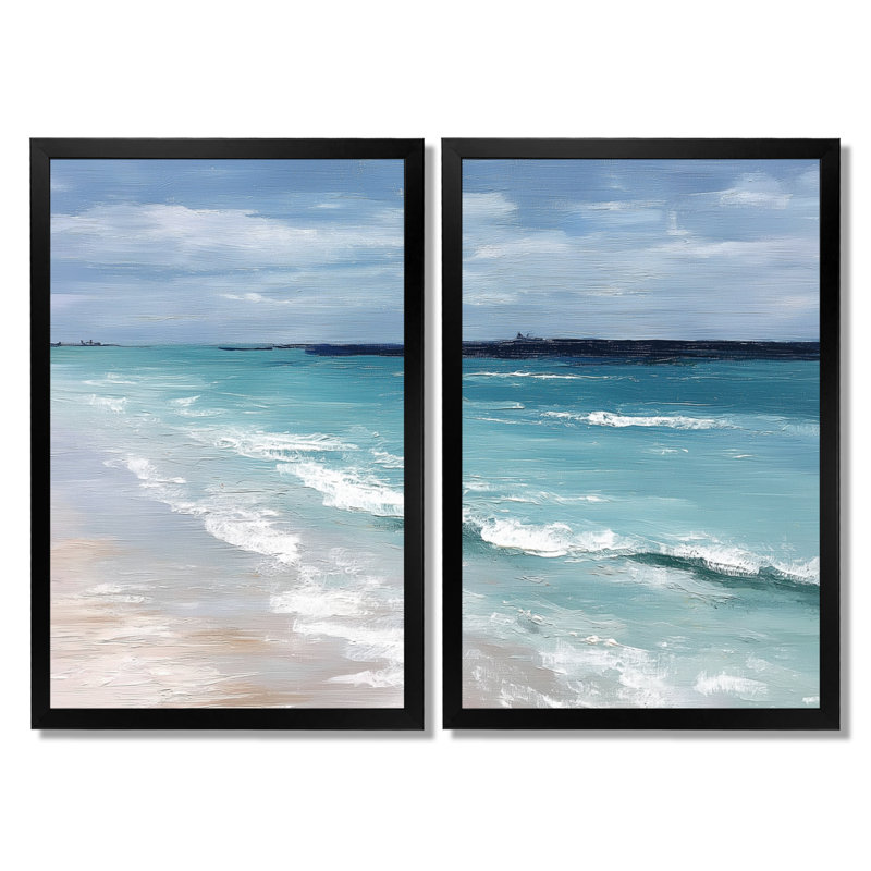 «Blue and White Coastal Beach Wonder», art mural sur toile, encadré blanc 2 pièces, H 36 po x l 48 po, Reproduction encadrée