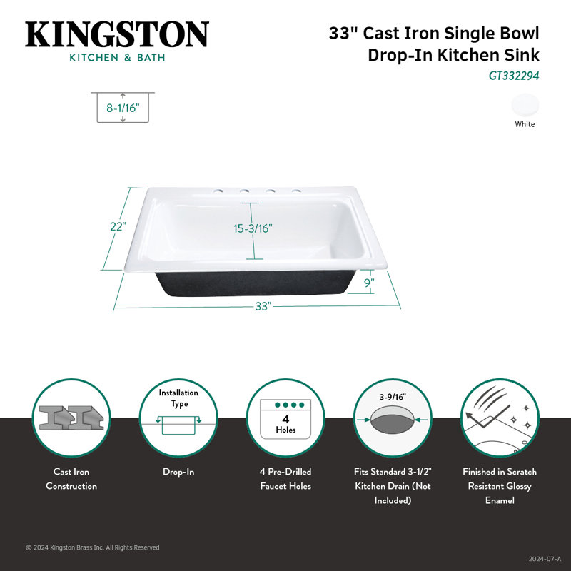 Kingston Brass Towne 33-Inch Cast Iron Self-Rimming Single Bowl Drop-In Kitchen Sink, 4 Holes