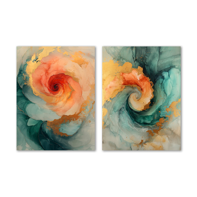 Emerald and Peach Ink Spiral I - Ensemble de 2 décorations murales modernes en métal, 32" H x 48" W