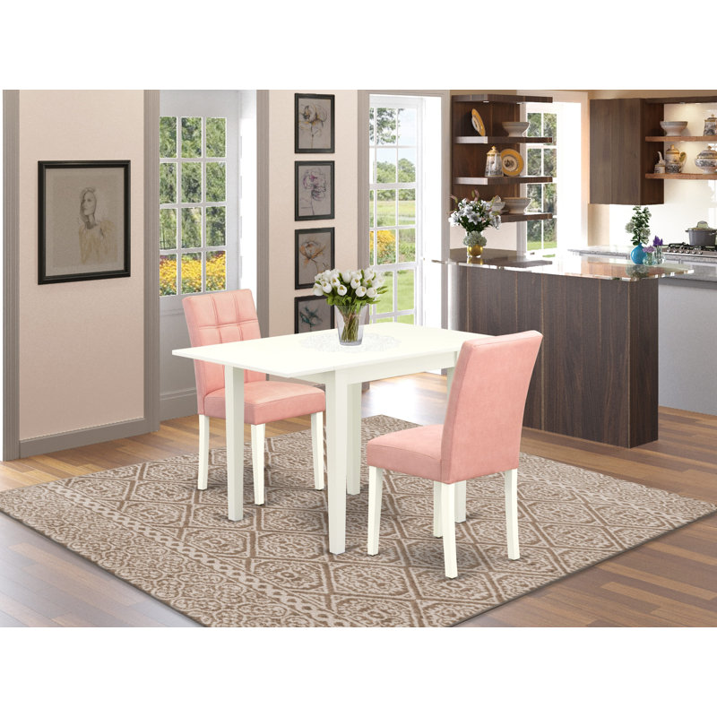 3 Piece Mid-Century Dining Table Set consists A Wooden Table and 2 Beige Red Polyester Fabric Padded Chairs with Stylish Back- Linen White Finish