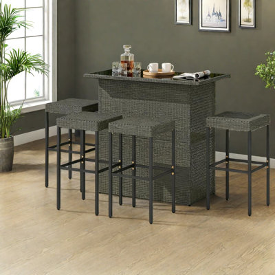 Modern Metal Patio Bar Sets With Storage, Rattan Wicker For Outdoor Entertaining
