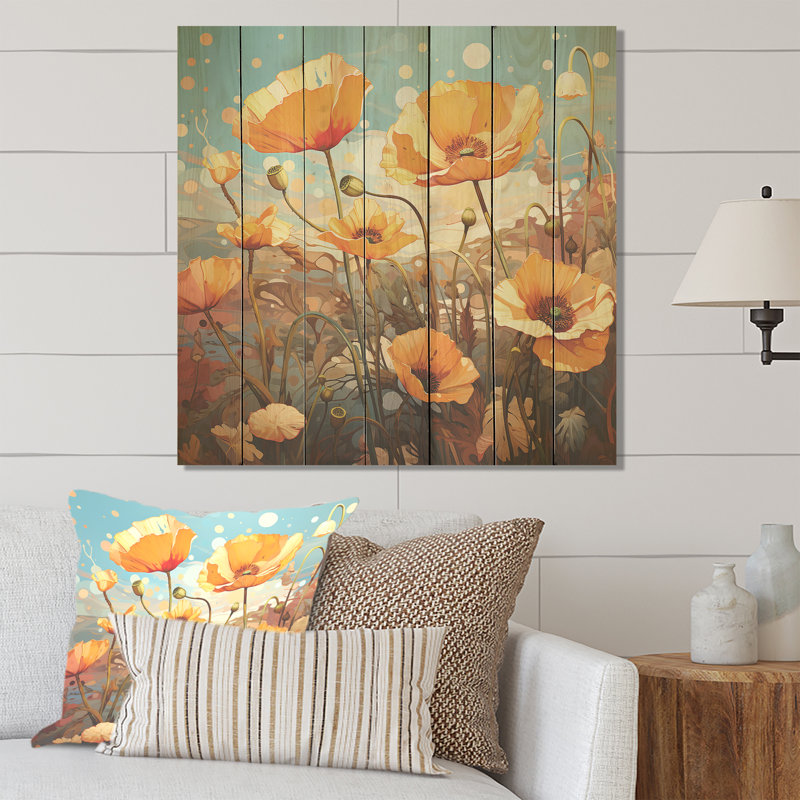 Jaune et vert Poppy Meadows I - coquelicots sur bois, H 15 po x l 15 po