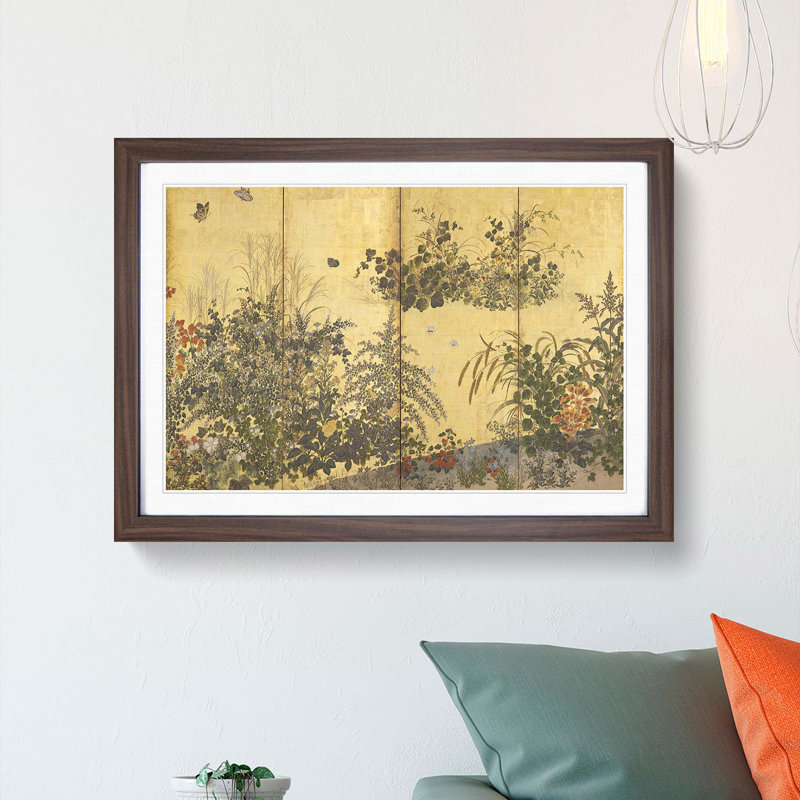 Butterflies & Flowers by Tawaraya Sotatsu - Picture Frame Art Print, Walnut Framed, 36cm H x 48cm W x 2cm D