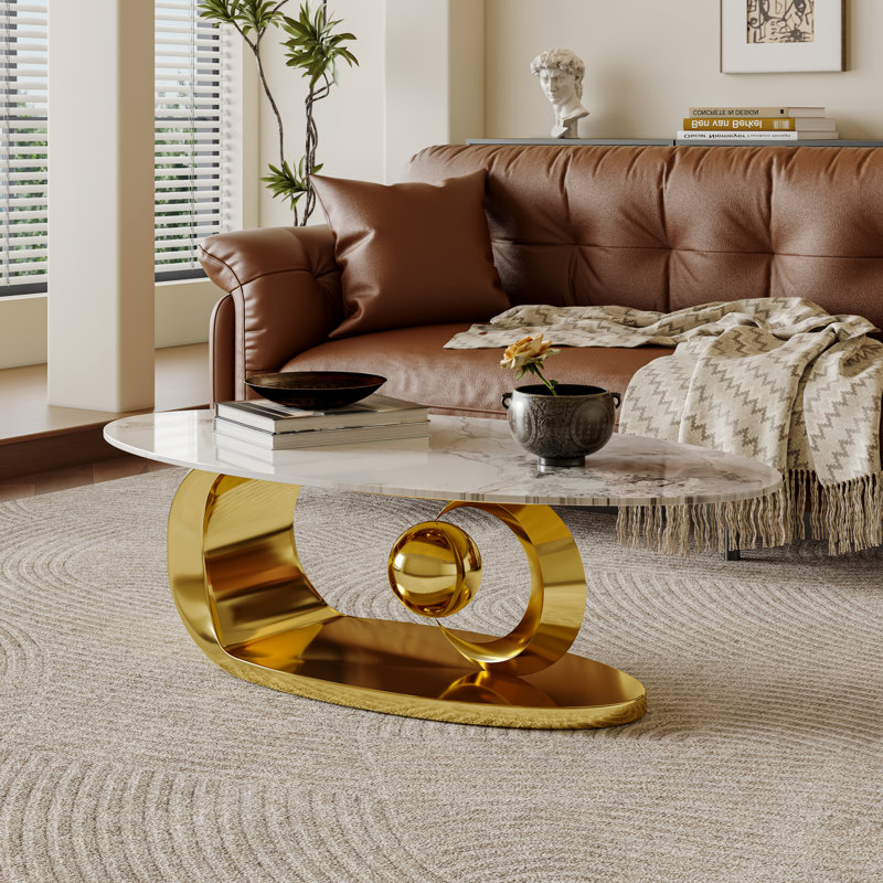 Table basse Elegant Luxury - Plateau en faux marbre avec base en acier inoxydable, Doré