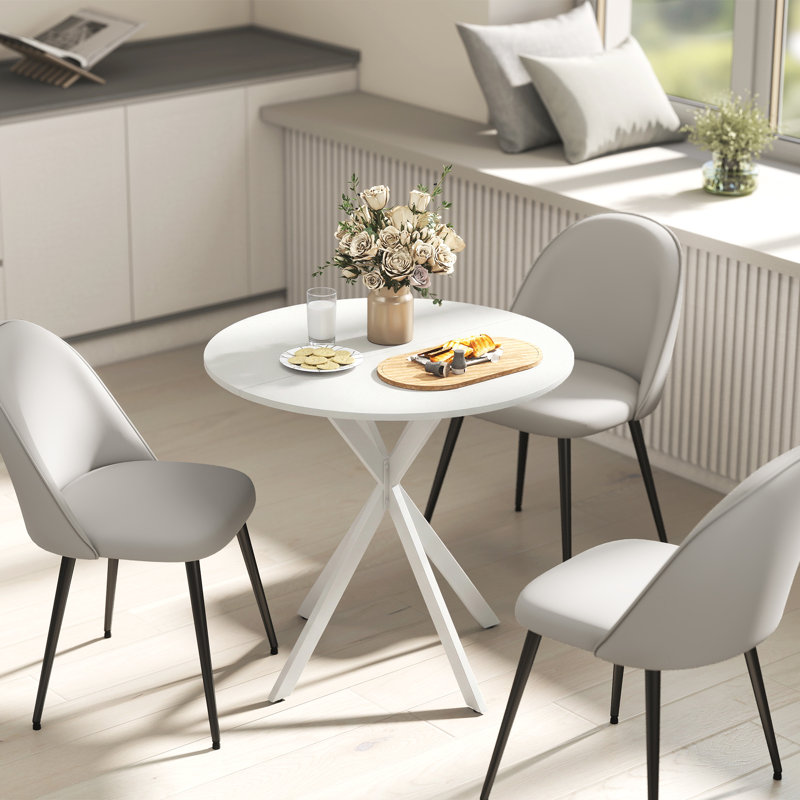 Round Metal Base Dining Table, White, White