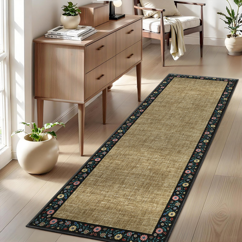 Washable Living Room Rug Floral Bordered Area Rugs Soft Thin Indoor Carpet for Bedroom Modern Throw Aesthetic Mat Non Slip Stain Resistant Carpet for Dining Room Office