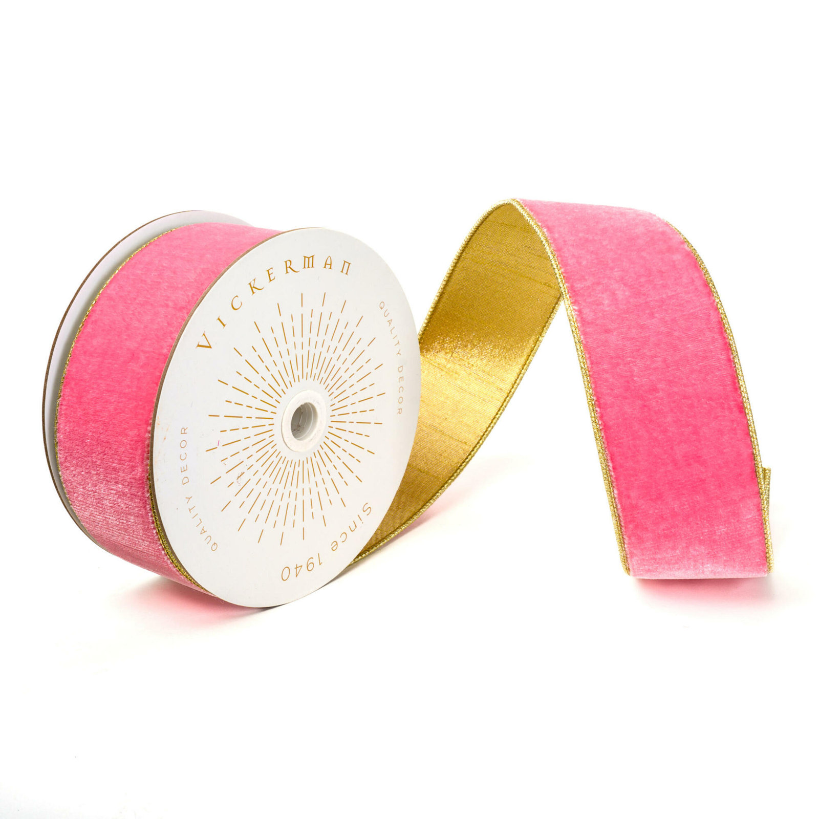 Vickerman 10 Yds Velvet with Gold Trim/Backing Ribbon., Pink, 0.2" H x 360" W x 2.5" D