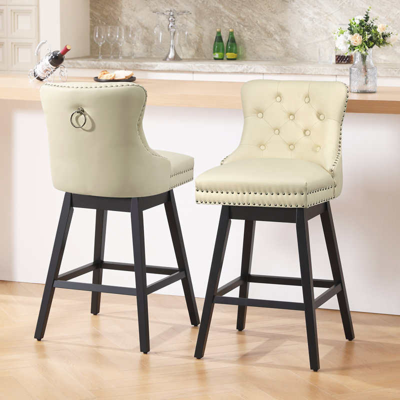 Swivel Bar Stools Set of 2, PU Leather Bar Chairs with Button Tufted Front and Ring Pull Back, 30" Bar Height Stools with Solid Wood Legs for Kitchen Island or Bar, Beige
