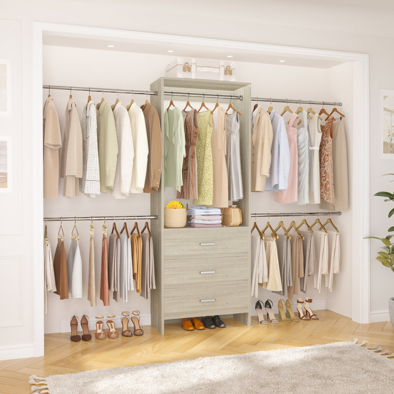 76.5"-118" W Closet System with 4 Hanging Rods and 3 Drawers, White Oak