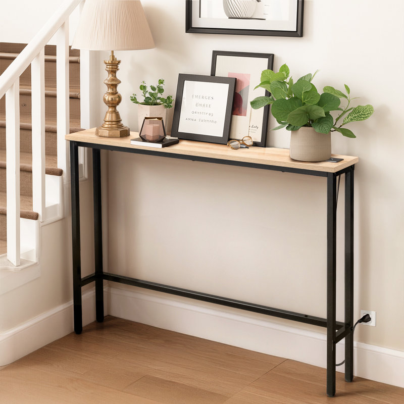 1-Piece Set Triamine + Iron 39.37in With Power Strip Foyer Table, Light Yellow Wood