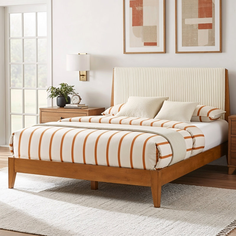 Lunaris Mid-Century Solid Wood Queen Platform Bed With Upholstered Headboard, Orange