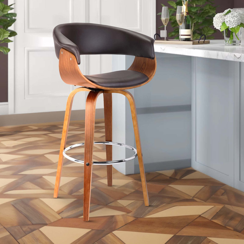 Chagnon Swivel Counter or Bar Height Bar Stool with Arms and Open Back in Faux Leather, Wood, Counter Stool (26" Seat Height)
