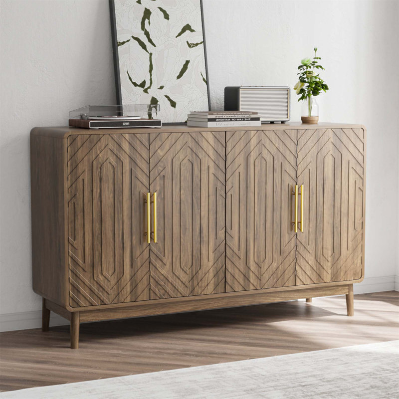 Buffet sculpté à 4 portes avec tablettes réglables et conception anti-basculement pour divers espaces domestiques