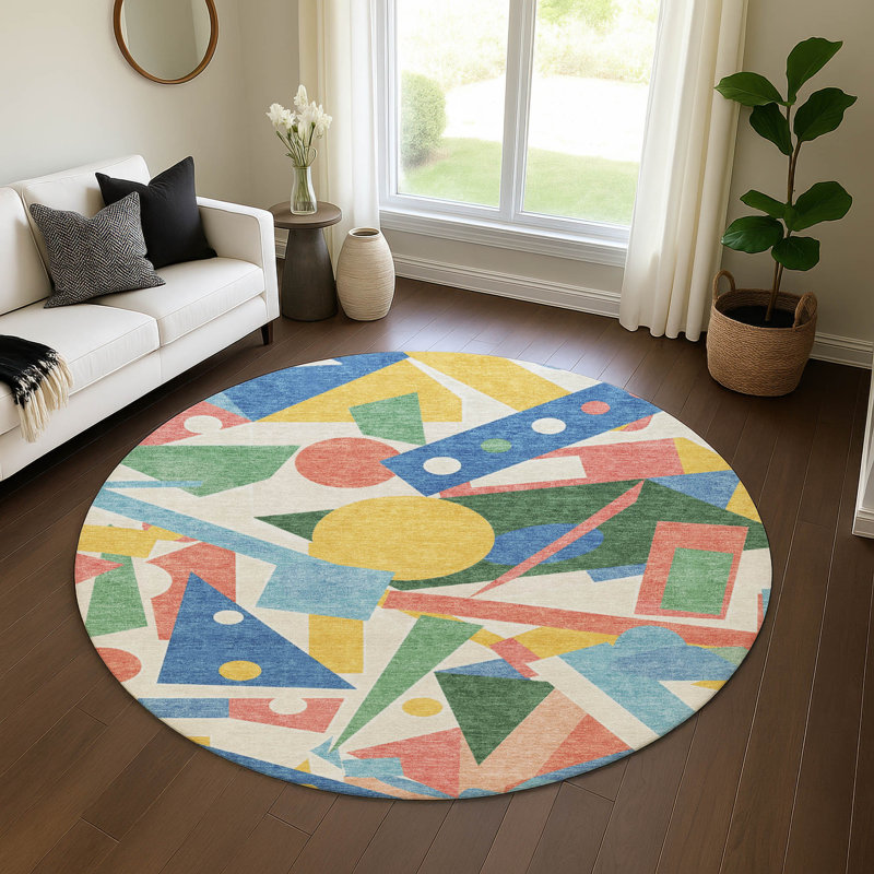 Premium Machine Washable Mehara AMF1693 Geometric Rug, Round 8'