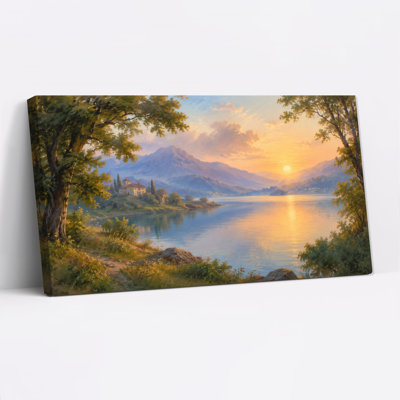 Tableau sur toile représentant une villa au bord du lac et des montagnes au coucher du soleil doré