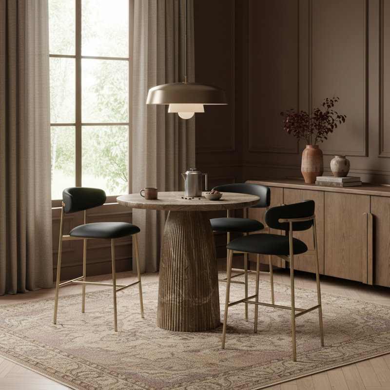 Tabouret de bar rembourré en cuir Lupita, Doré, Cuir végétalien noir