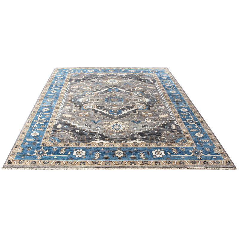 Grey & Blue Oushak Wool Rug – Hand-Knotted Traditional Medallion Vintage Oriental Area Carpet, Rectangle 10' x 14'