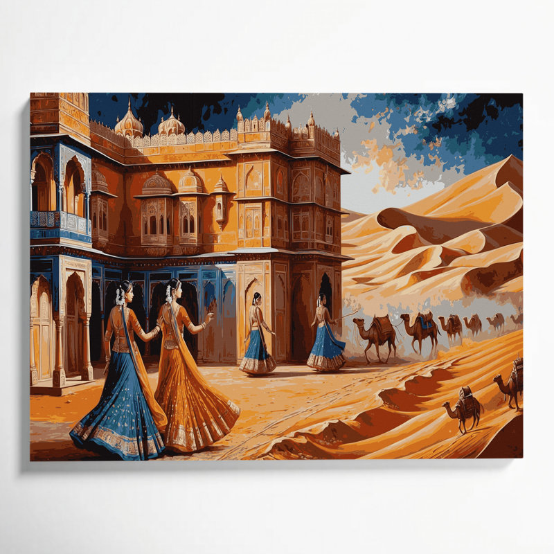 Art urbain sur toile brun avec villes du Rajasthan en Inde, H 20 po x l 24 po