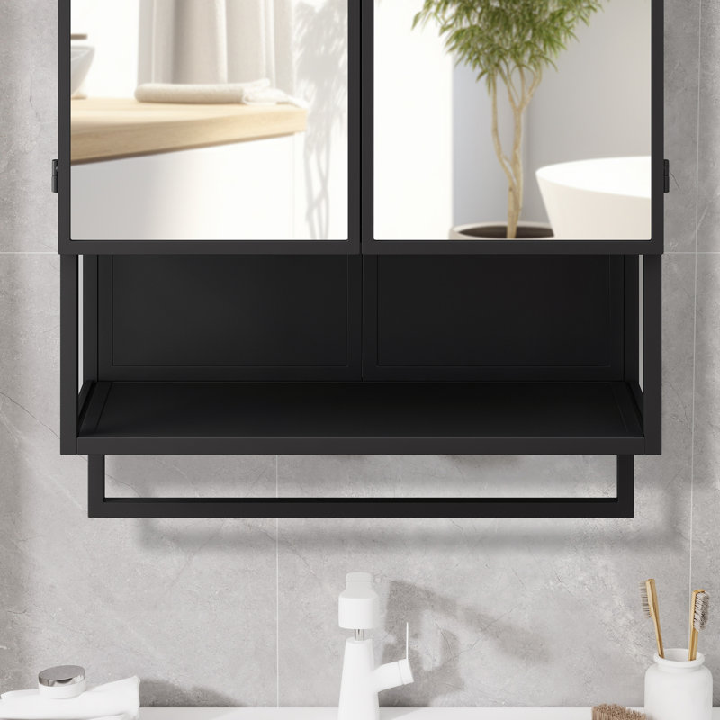 Armoire murale moderne en métal 2 portes avec porte-serviettes, Noir